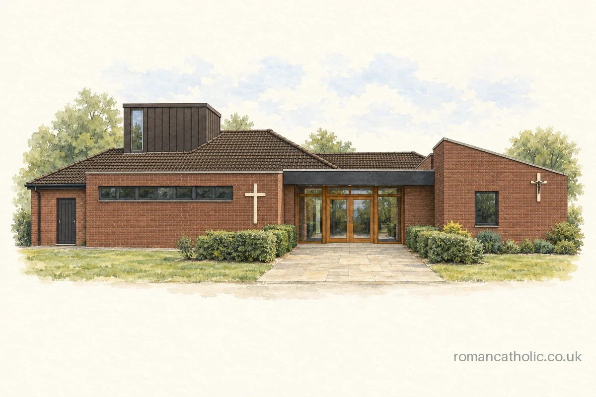 Low brick facade and glazed entrance of Our Lady of the Immaculate Conception in Stubbington.
