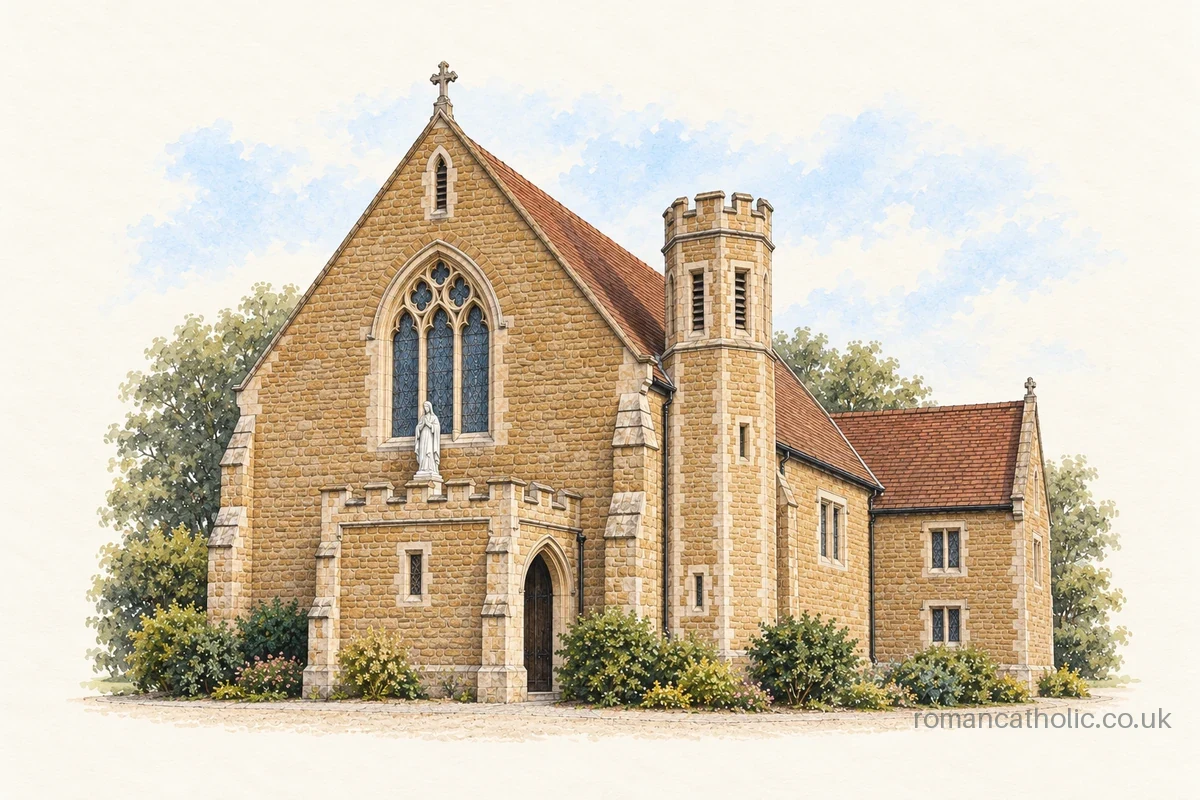 Immaculate Conception, Liphook, with its battlemented porch and octagonal turret.