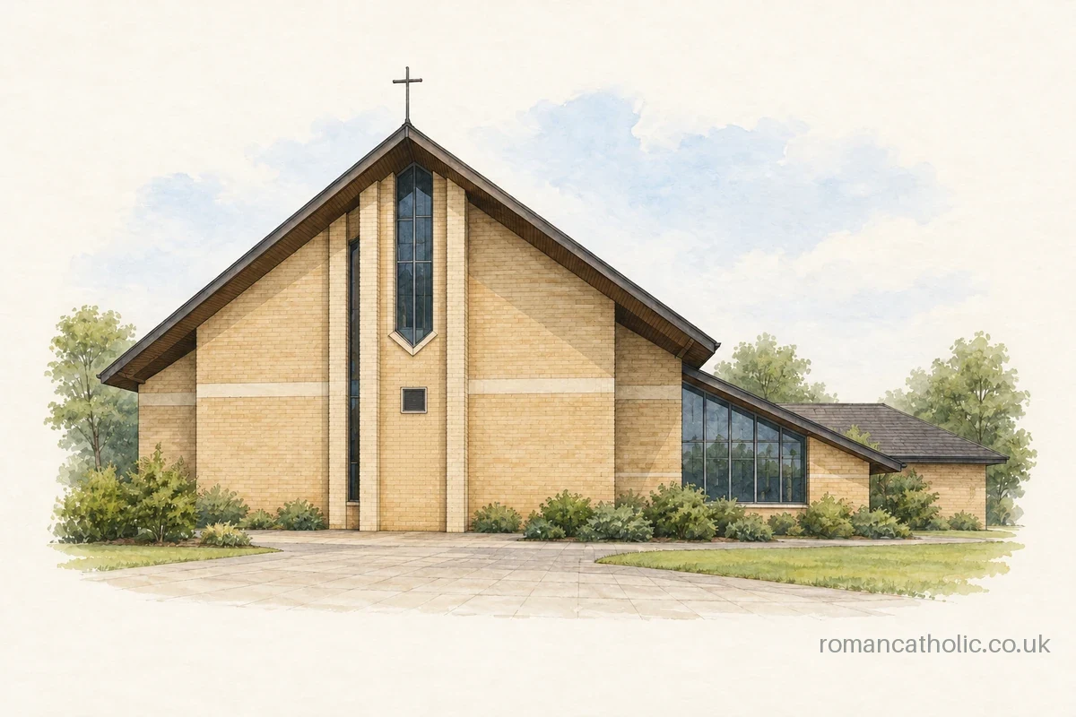 Illustration of Our Lady of the Rosary, Buckley, with buff brick walls and a tall pointed-bottom window beneath its gable cross.