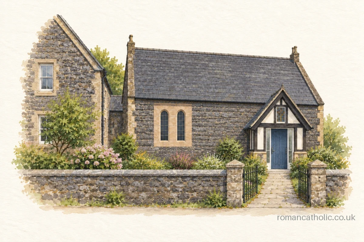 Illustration of Our Lady of the Rosary and St Columba, Kingussie, with stone walls and a blue-doored gabled porch.