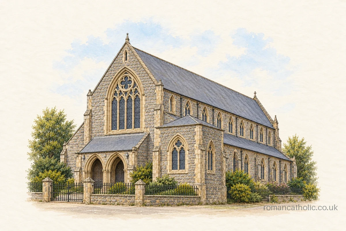 Our Lady of the Sacred Heart, Herne Bay, with its twin entrance arches and low tower base.