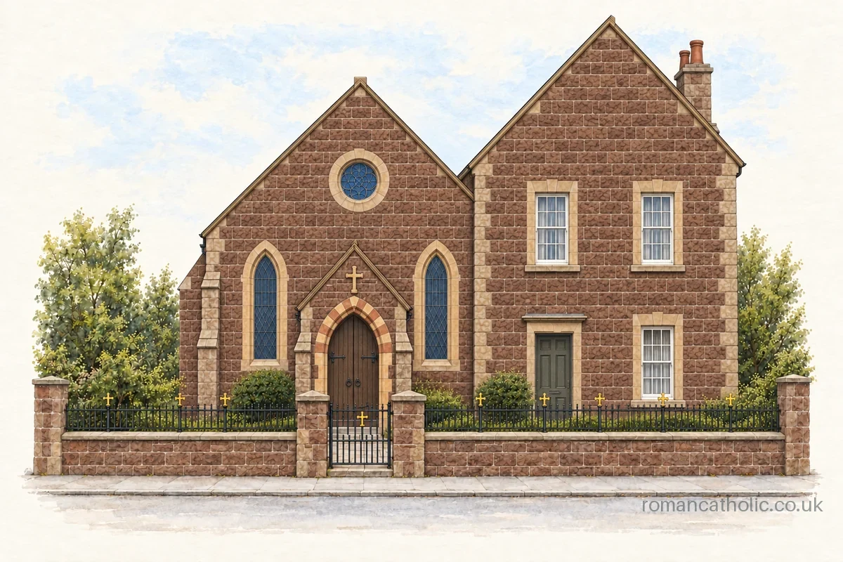 Illustration of Our Lady of the Waves in Dunbar, with a stone gable, round upper window and pointed entrance porch.