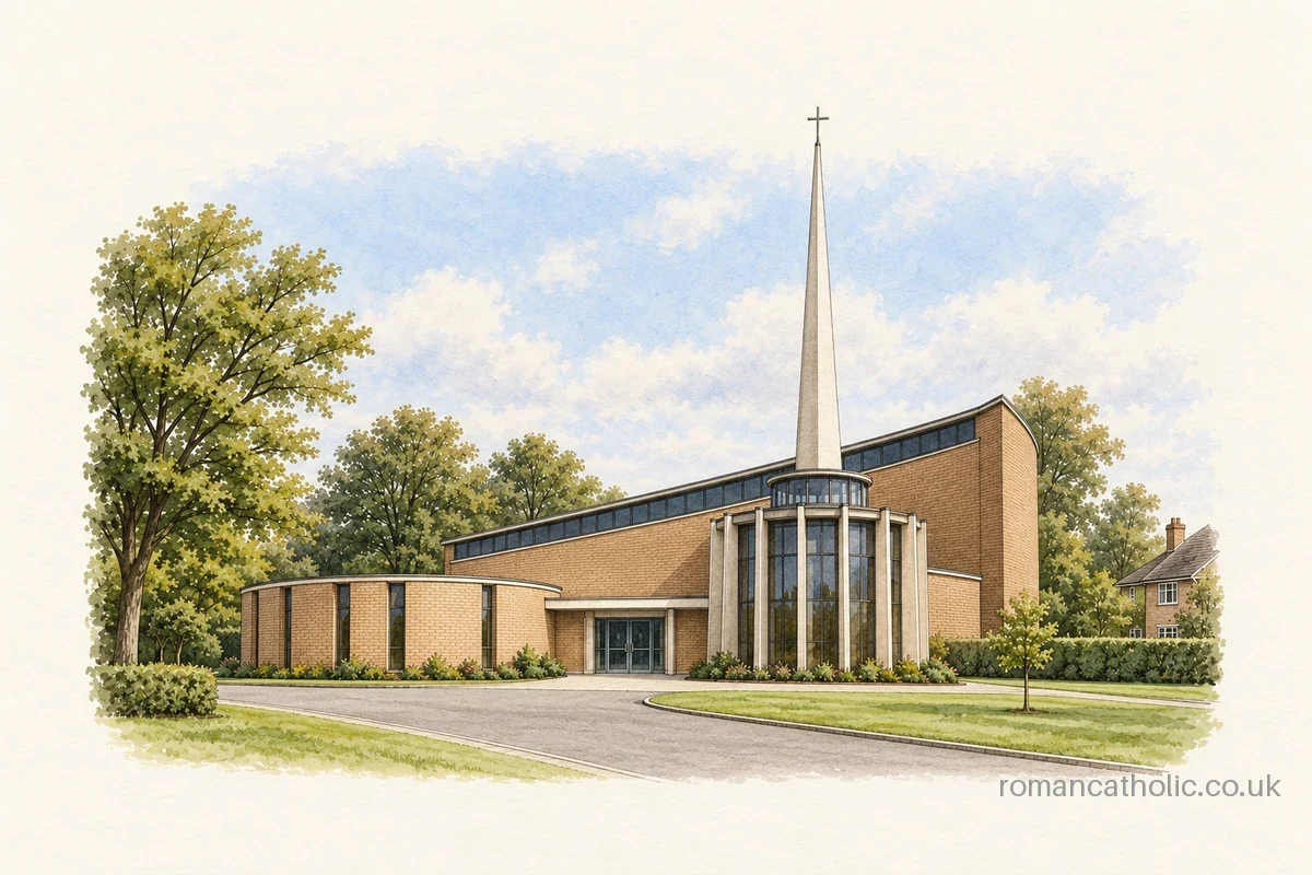 Modern curved brick church with glazed circular baptistery and tall white needle spire.