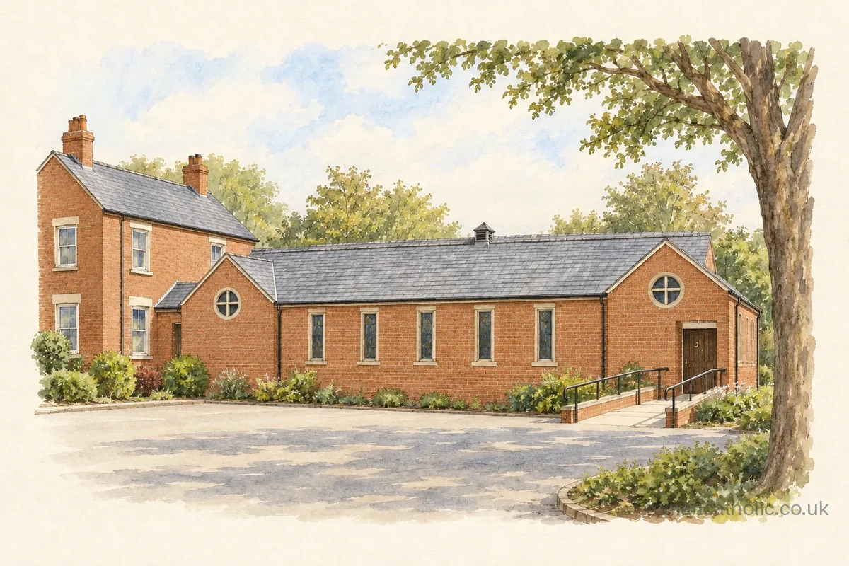 Our Lady of Victories and St Alphonsus in Lutterworth, with red-brick gabled additions and round windows.