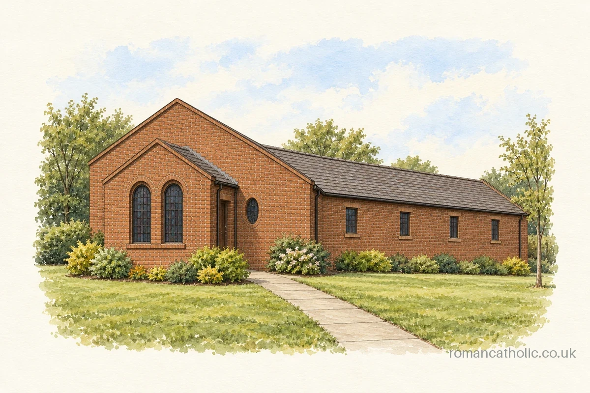 Our Lady of Victories in Callington with brick gable, glazed porch and low side wing.