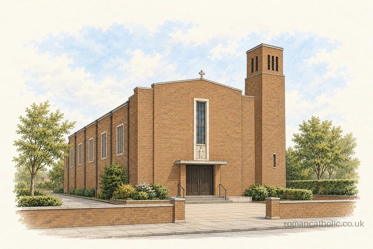 Our Lady of Walsingham in Corby, a plain brick church with a tall square bell tower.