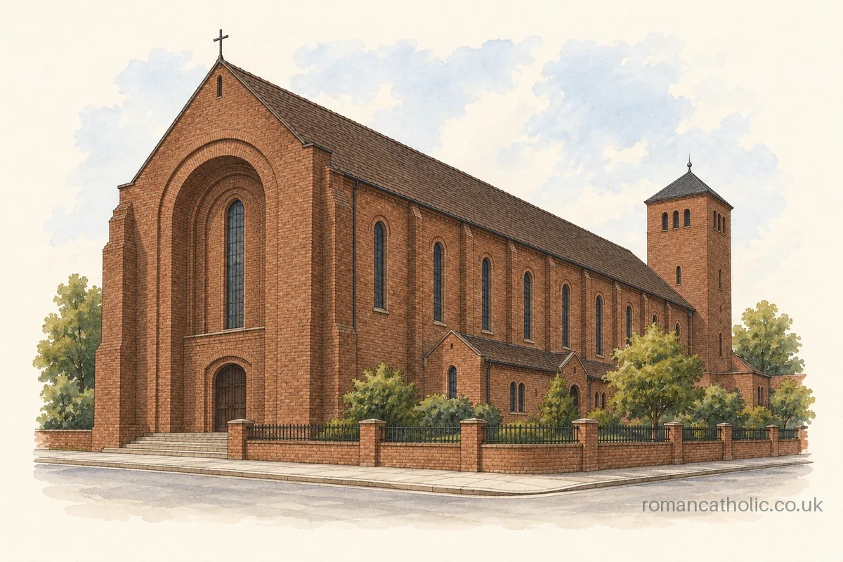 Illustration of Our Lady of Willesden with its tall brick hall and rear campanile.