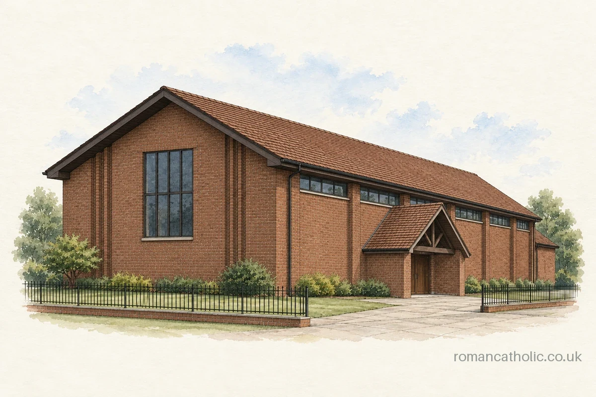 Our Lady Queen of All Creation, Hemel Hempstead, with its broad tiled roof and tall end window.