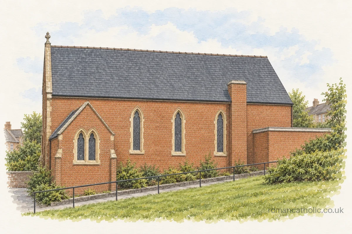 Illustration of Our Lady and St Oswin, Tynemouth, with red-brick Gothic walls and a steep slate roof.
