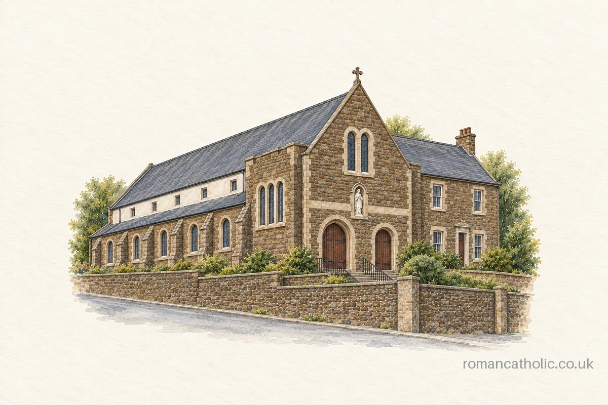 Illustration of Our Lady and St Wilfrid, Gateshead, with a slender stone gable, paired entrances and white clerestory band.