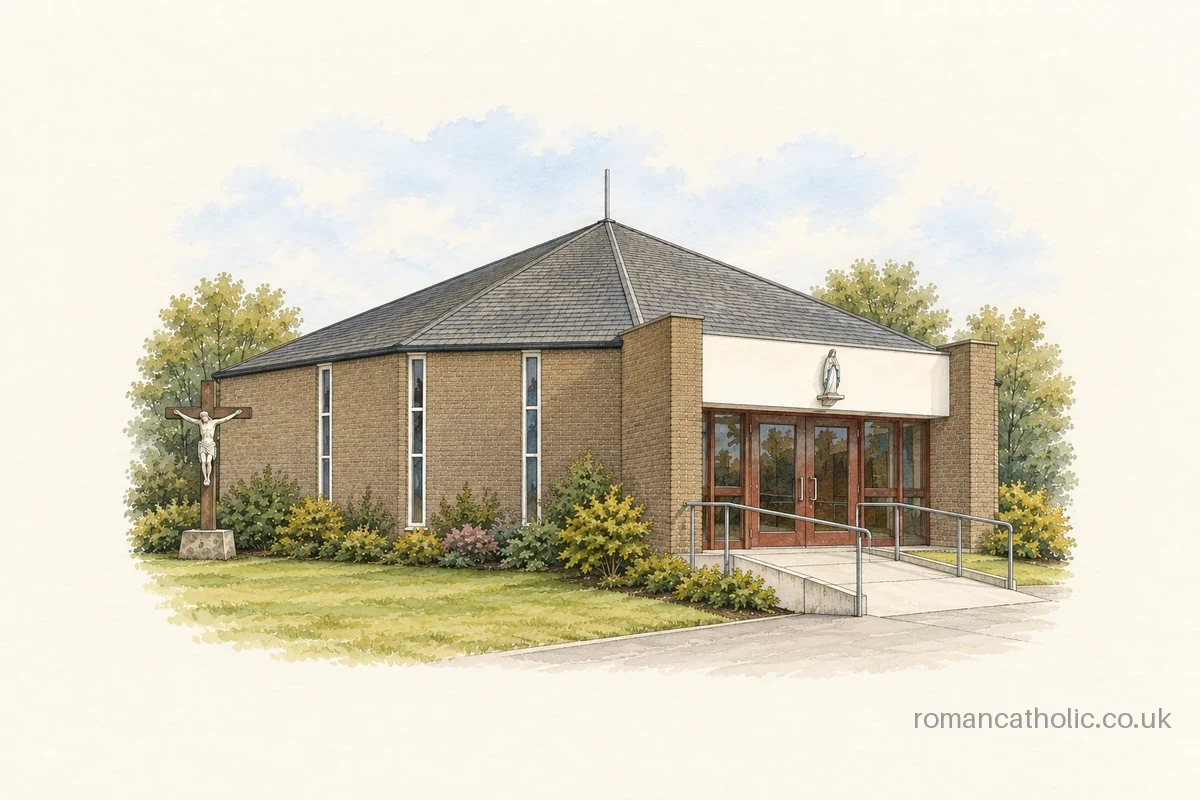 Illustration of Our Lady Star of the Sea, Burry Port, with a broad hipped roof, glazed entrance and outdoor crucifix.
