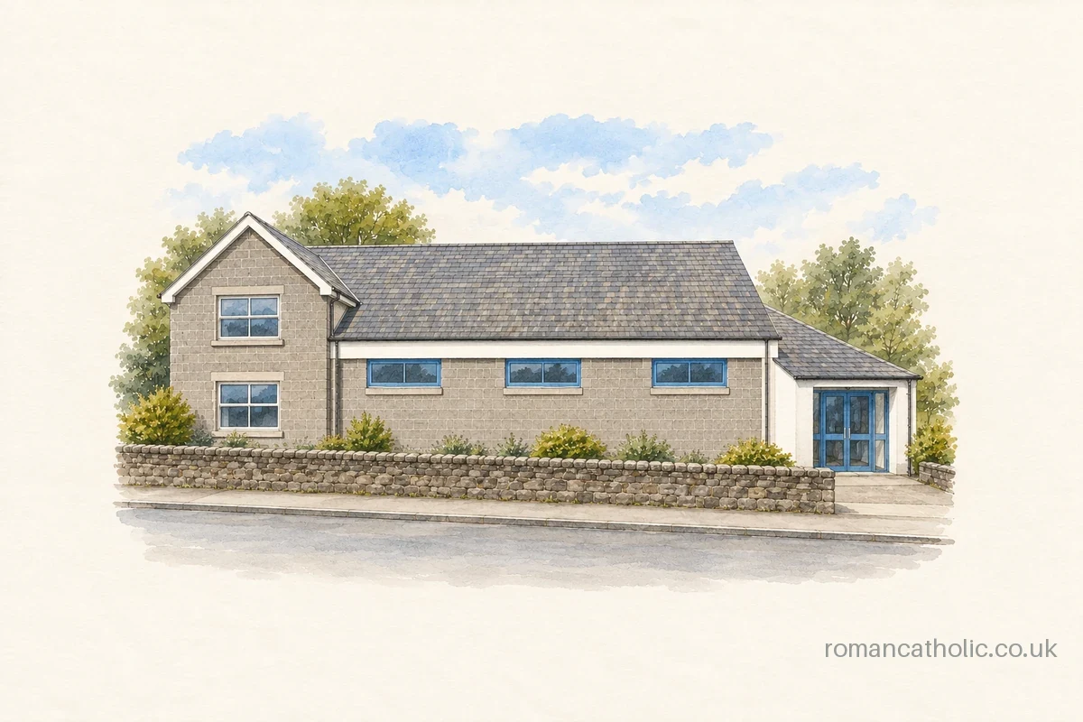 Illustration of Our Lady Star of the Sea, Mumbles, with grey stone walls, blue-framed windows and a broad sloping roof.