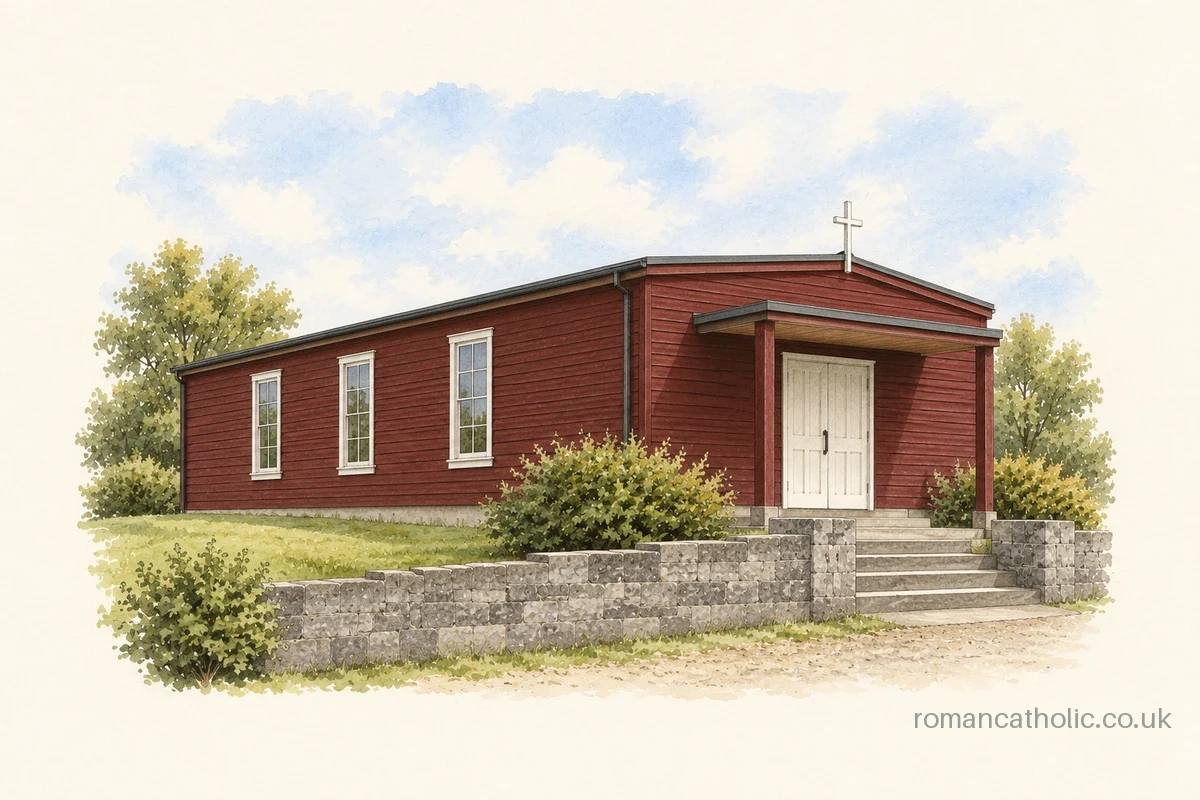 Illustration of Our Lady Star of the Sea in Tobermory, a red timber chapel with white windows, a small entrance porch and a roof cross.