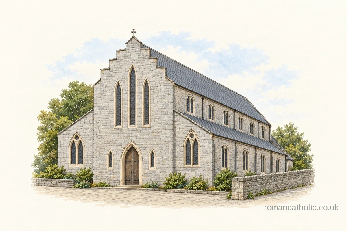 Our Most Holy Redeemer in Keyham, Plymouth, with stepped stone gable and lancet windows.