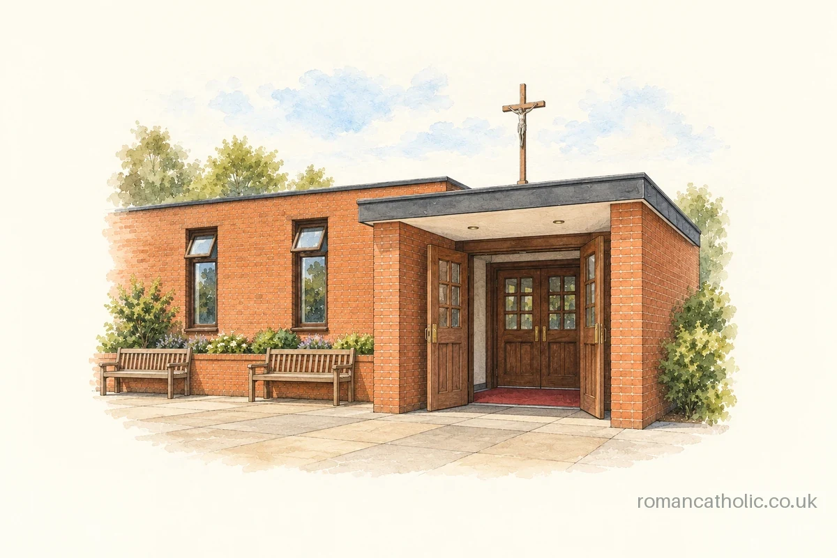 Illustration of the brick entrance porch and crucifix at the Polish Divine Mercy church in Croydon.