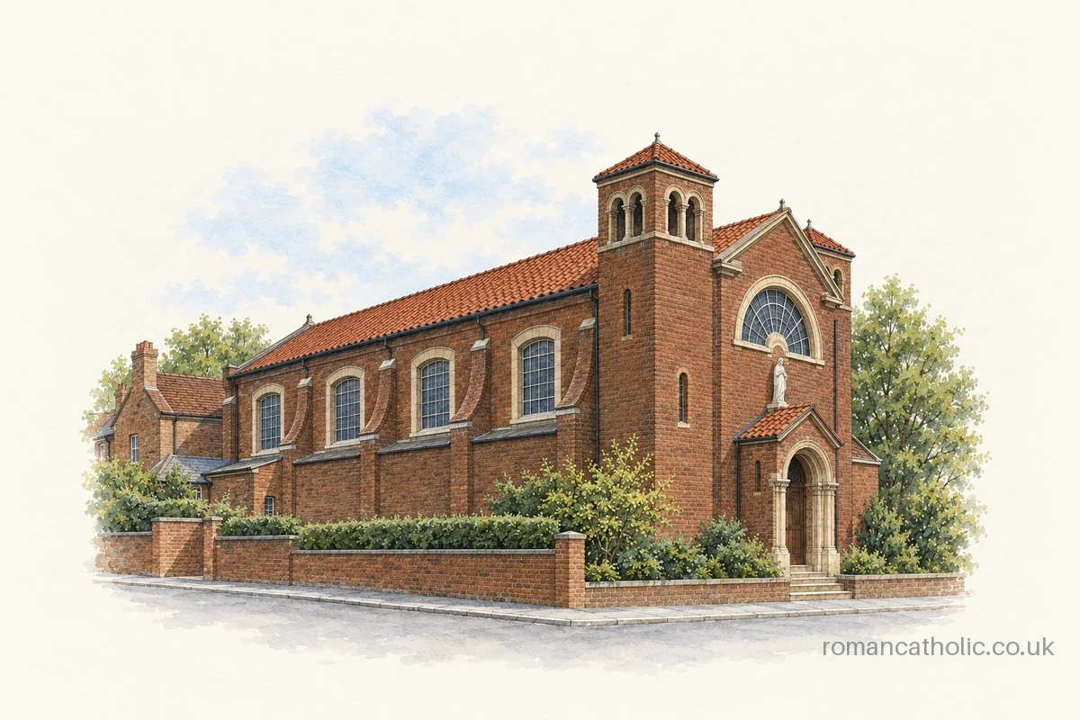 Sacred Heart in Leicester, a brick Italianate church with small arcaded towers and red tiled roof.