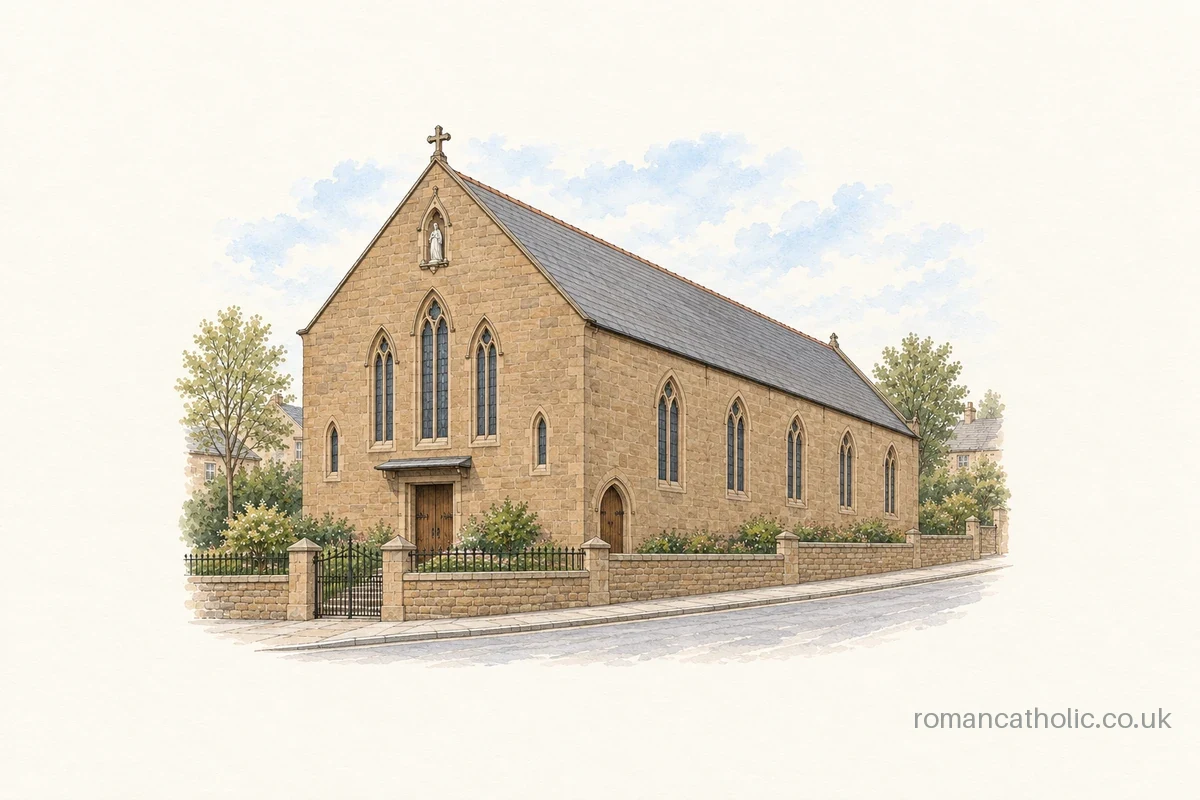 Long stone Gothic church with a steep roof and grouped tall windows on its front gable.