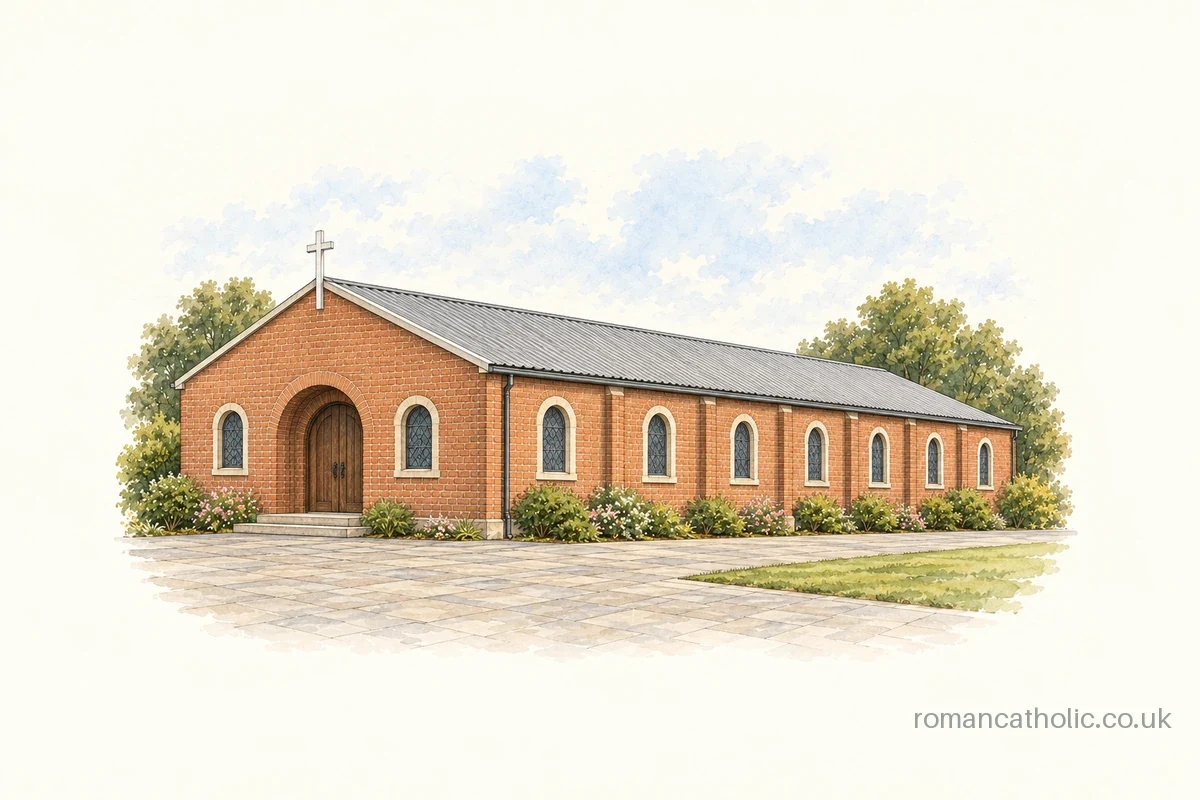 Sacred Heart, Hook, with its long brick nave and round-arched windows.