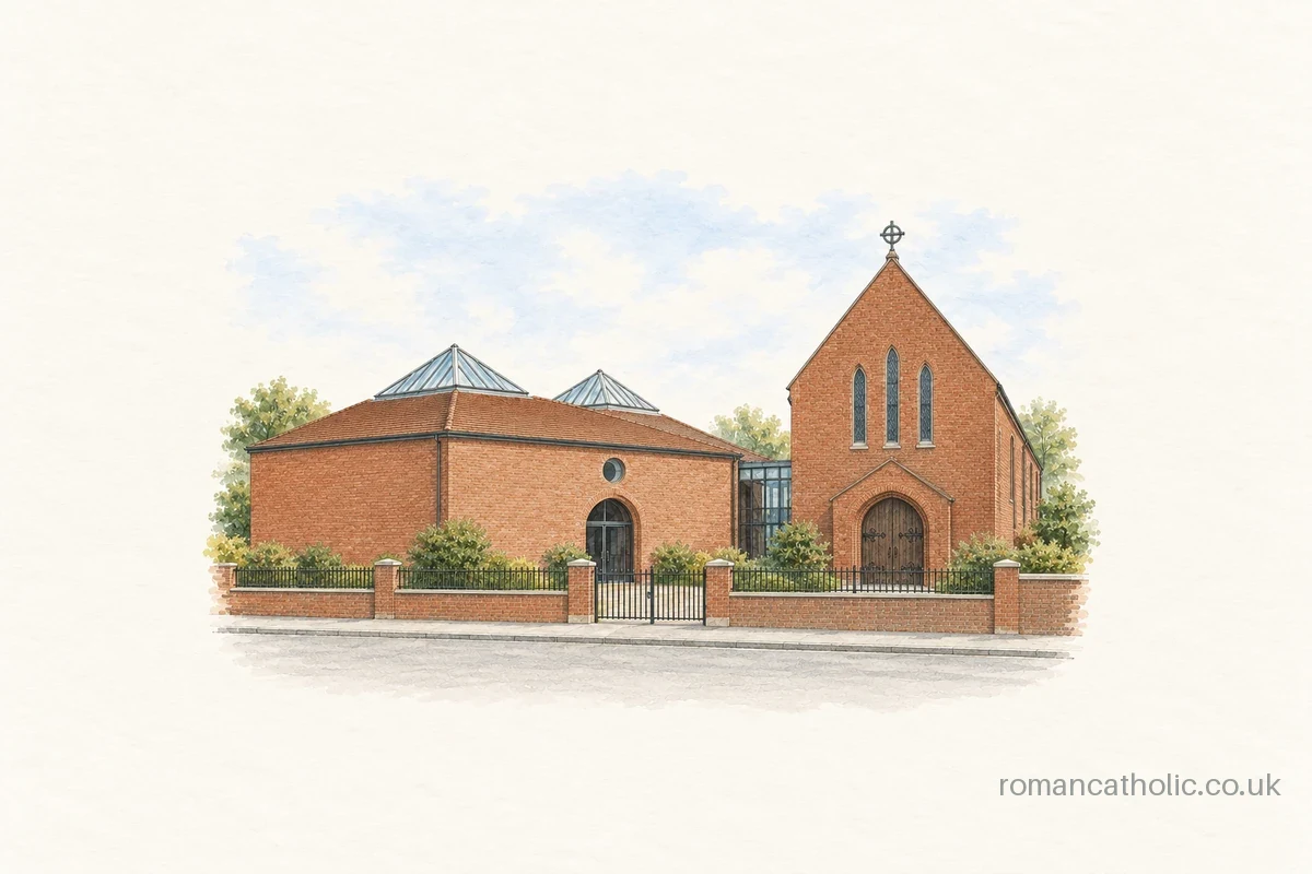 Sacred Heart Coventry, with the low modern church beside its taller former church.