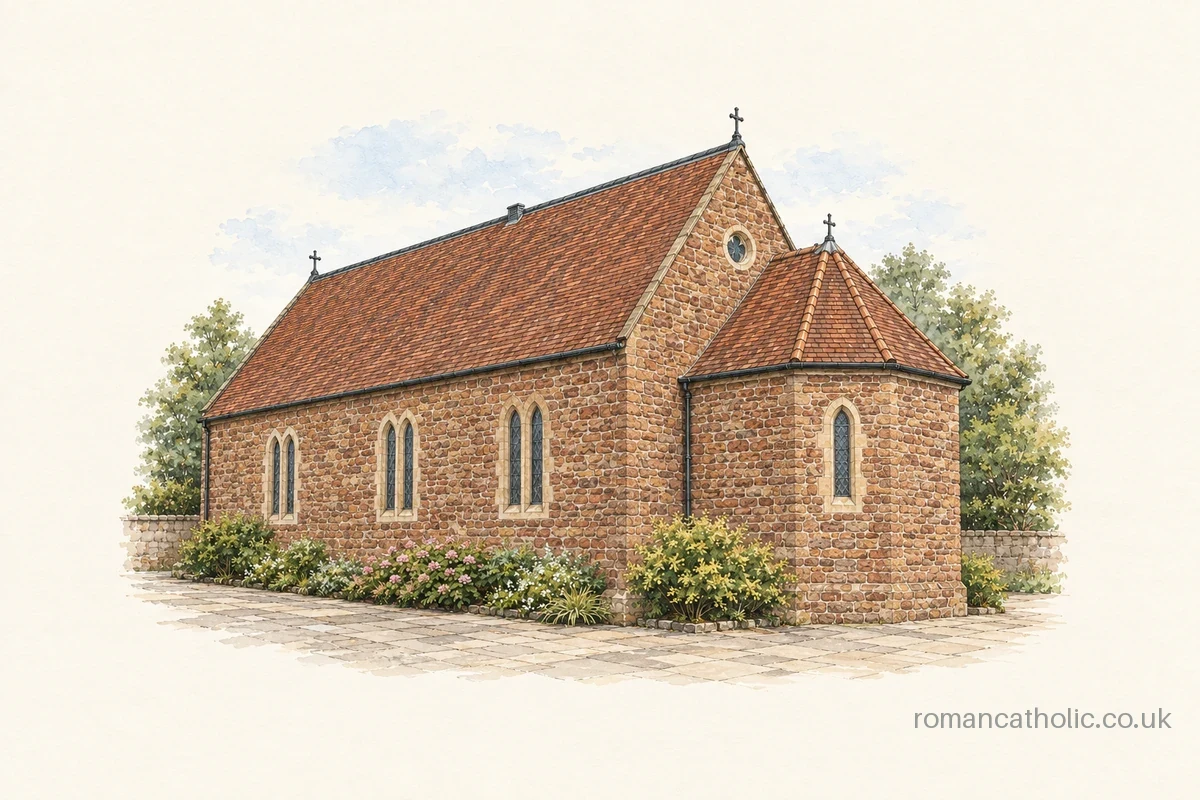 Sacred Heart, Minehead, showing its sandstone side wall and tiled polygonal apse.