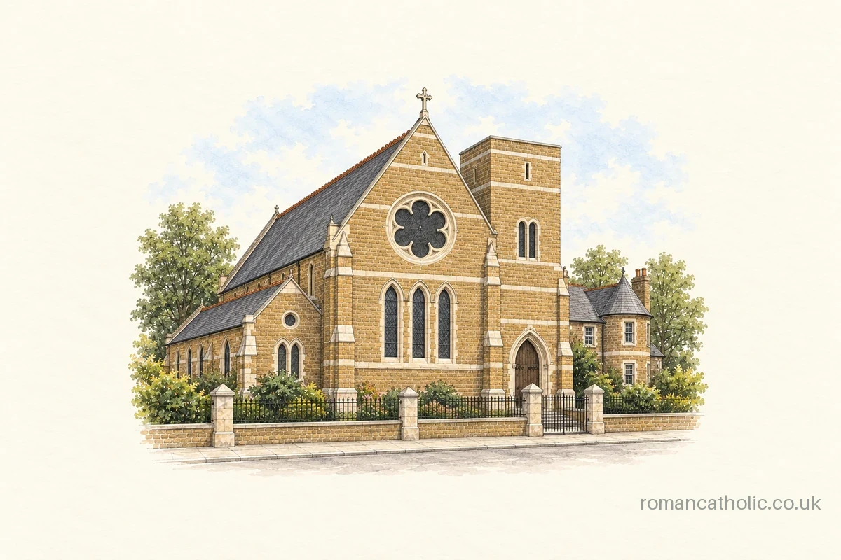 Illustration of Sacred Heart of Jesus, Holloway, with a rose window and short square tower.
