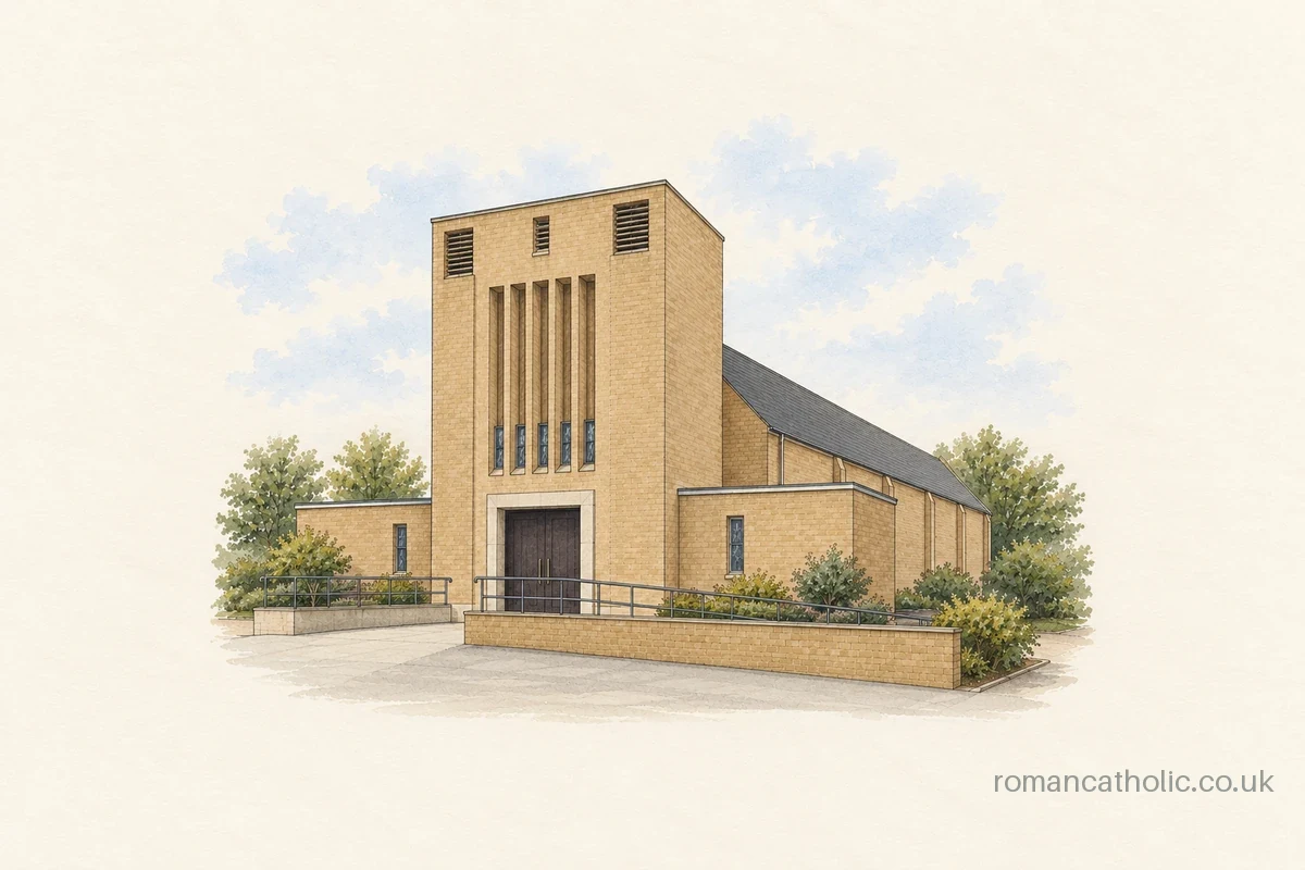Sacred Heart of Jesus in Loughborough, with a tall rectangular brick entrance tower.