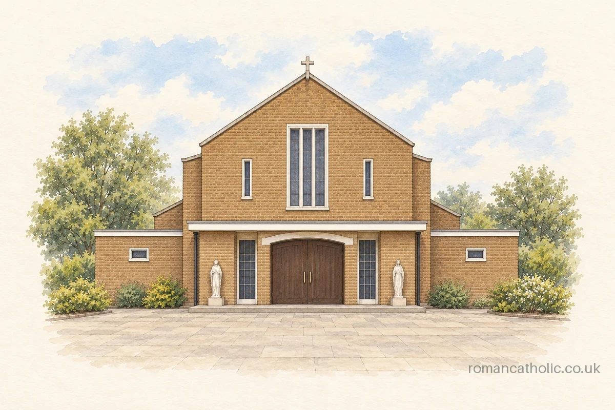 Watercolour and ink illustration of Sacred Heart of Jesus in Luton, with a brick gable, tall three-light window and broad low entrance.