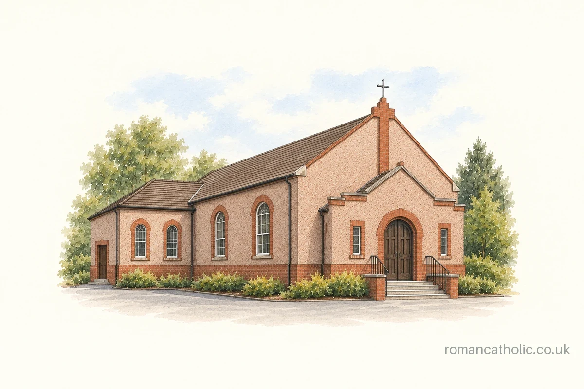 Illustration of Sacred Heart, Salsburgh, with pinkish roughcast walls, brick arches and a cross above the gable.
