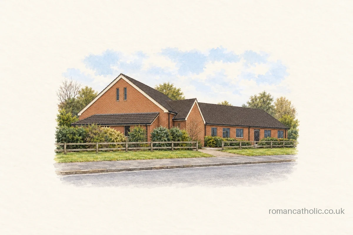 Sacred Heart in Tamworth, a low red-brick church with intersecting pitched roofs.
