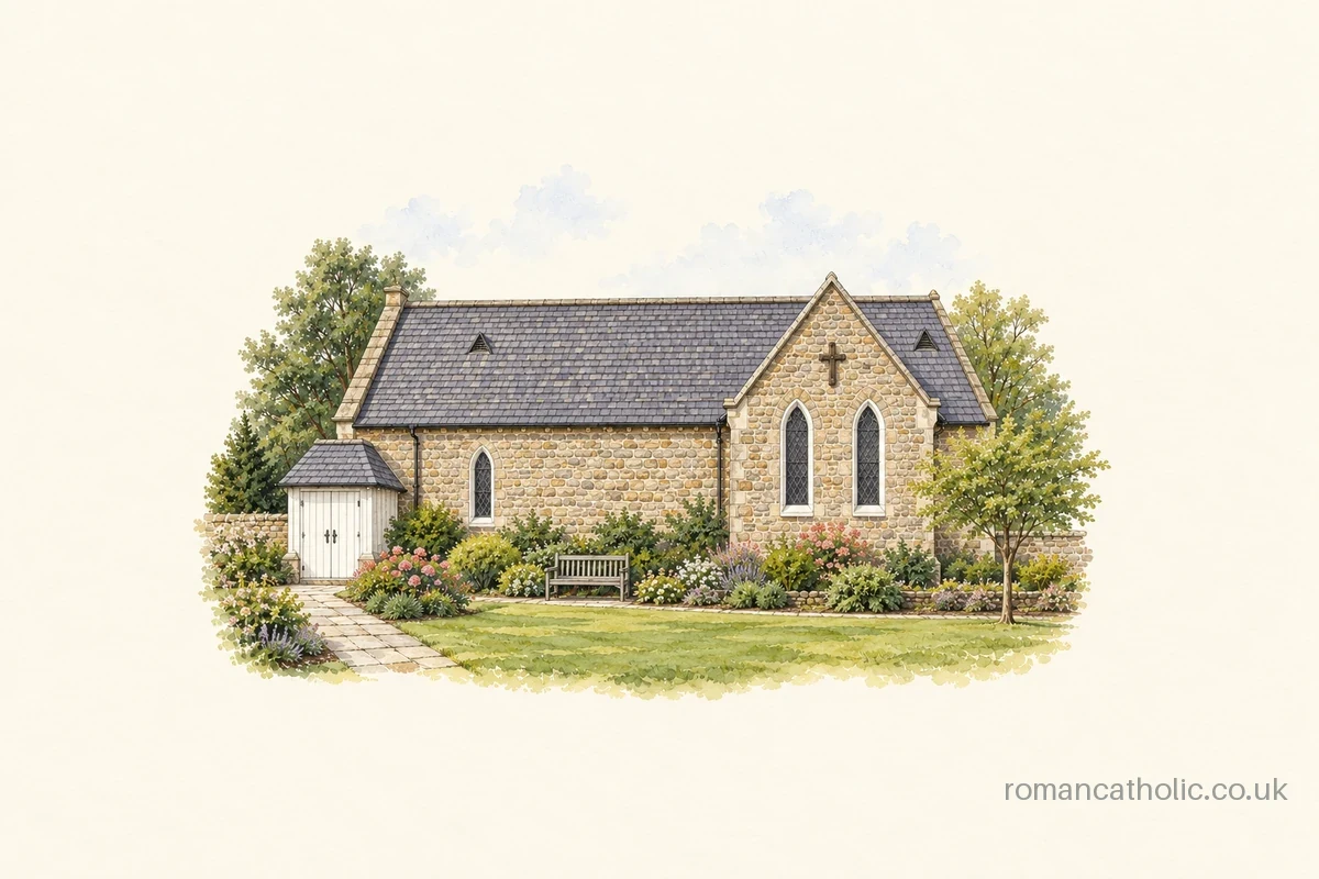 Sacred Heart in Whaley Bridge, a small stone church beside a planted garden.