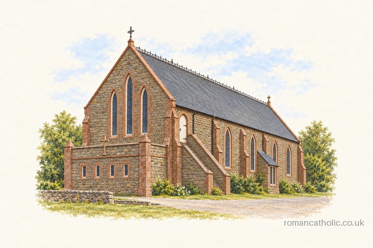 Illustration of Saint Andrew and Saint Cuthbert in Kirkcudbright, with a steep slate roof and three tall front lancets.