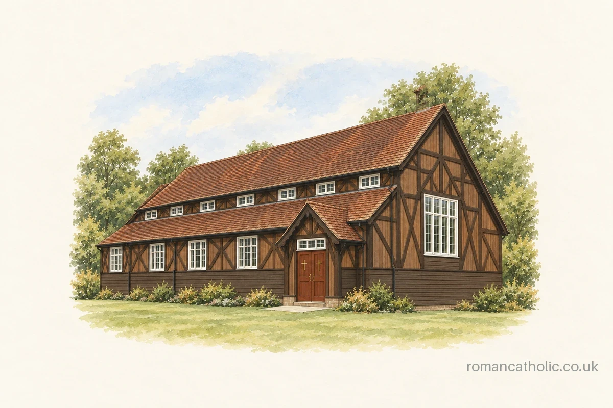 Illustration of Saint Andrews in Ravelston, a brown timber church with red tiled roofs, white-framed windows and a small gabled entrance porch.