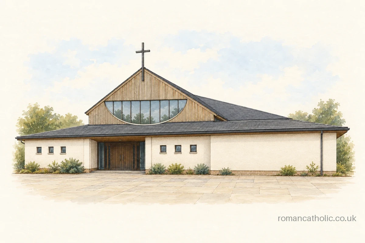 Illustration of Saint Anne in Carnoustie, showing low cream walls and a raised timber gable with curved glazing and a simple cross.