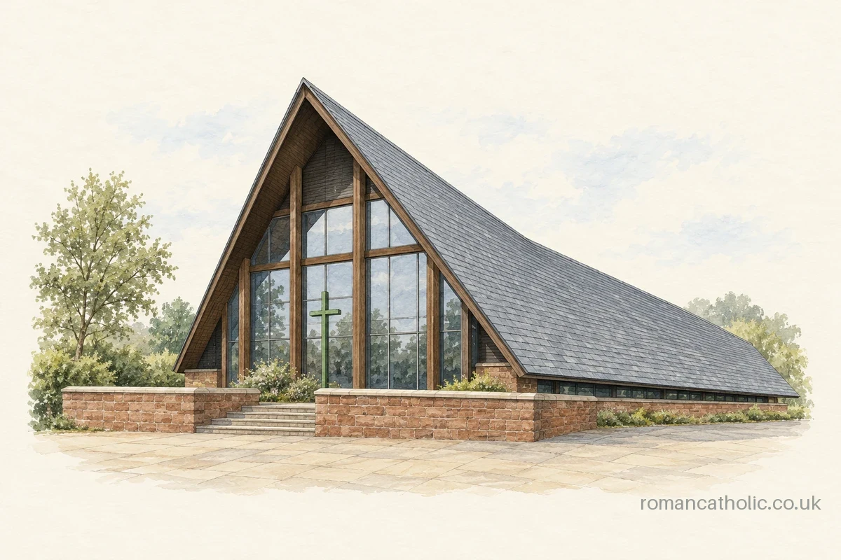 Illustration of Saint Anthony in Kirriemuir, with its steep slate roof, tall timber-framed glazed end and green cross above low red sandstone walls.