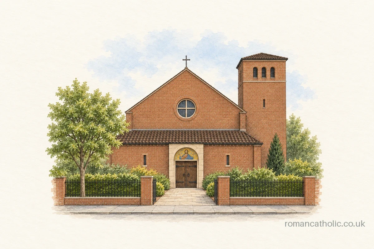 St Barnabas in Molesey, with a brick tower and circular front window.