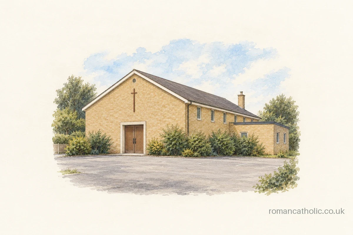 Plain brick front of St Bernadette church in Tilgate.