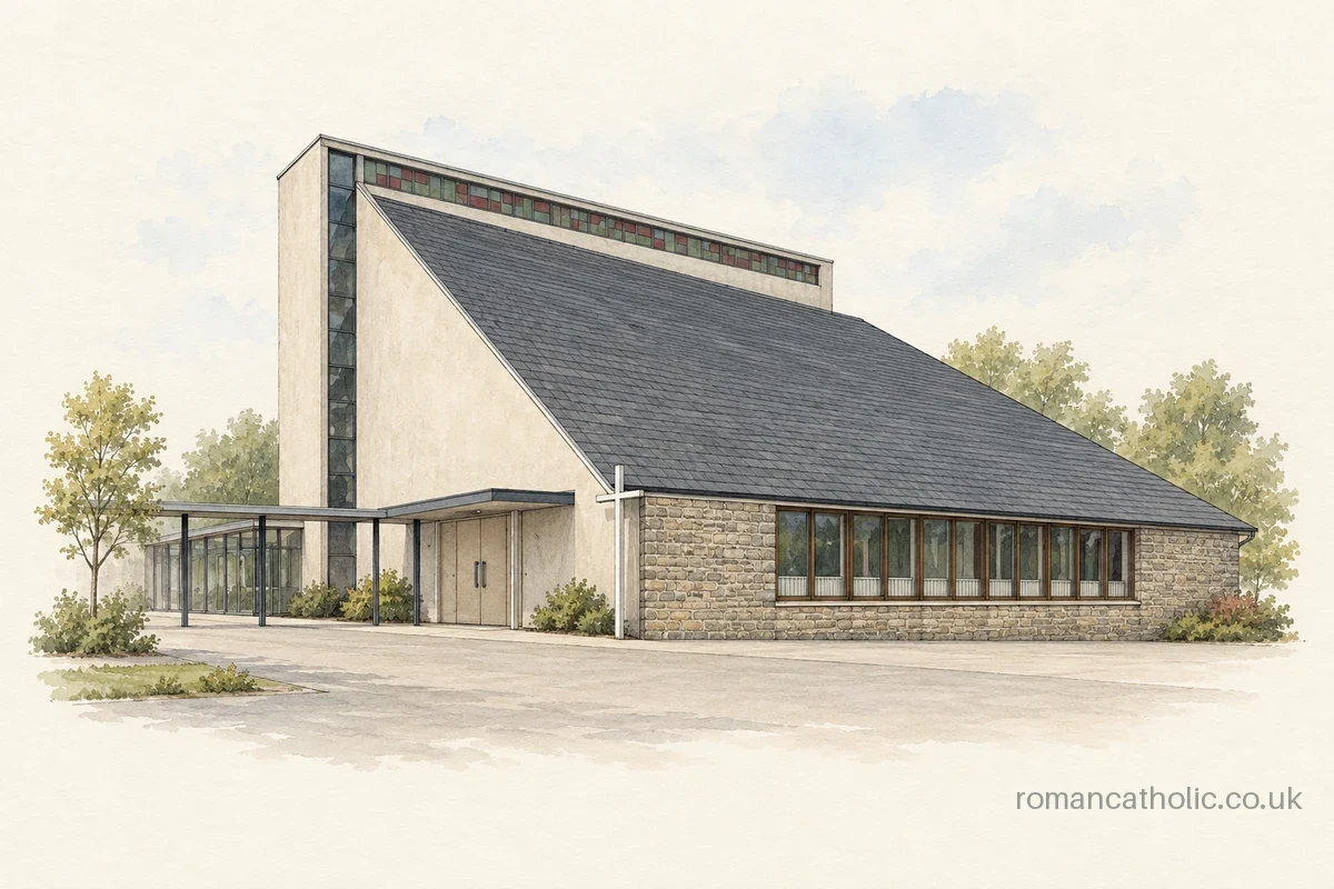 Illustration of Saint Bernadette in Tullibody, with a steep dark sloping roof, pale walls, high coloured glazing and a white entrance cross.