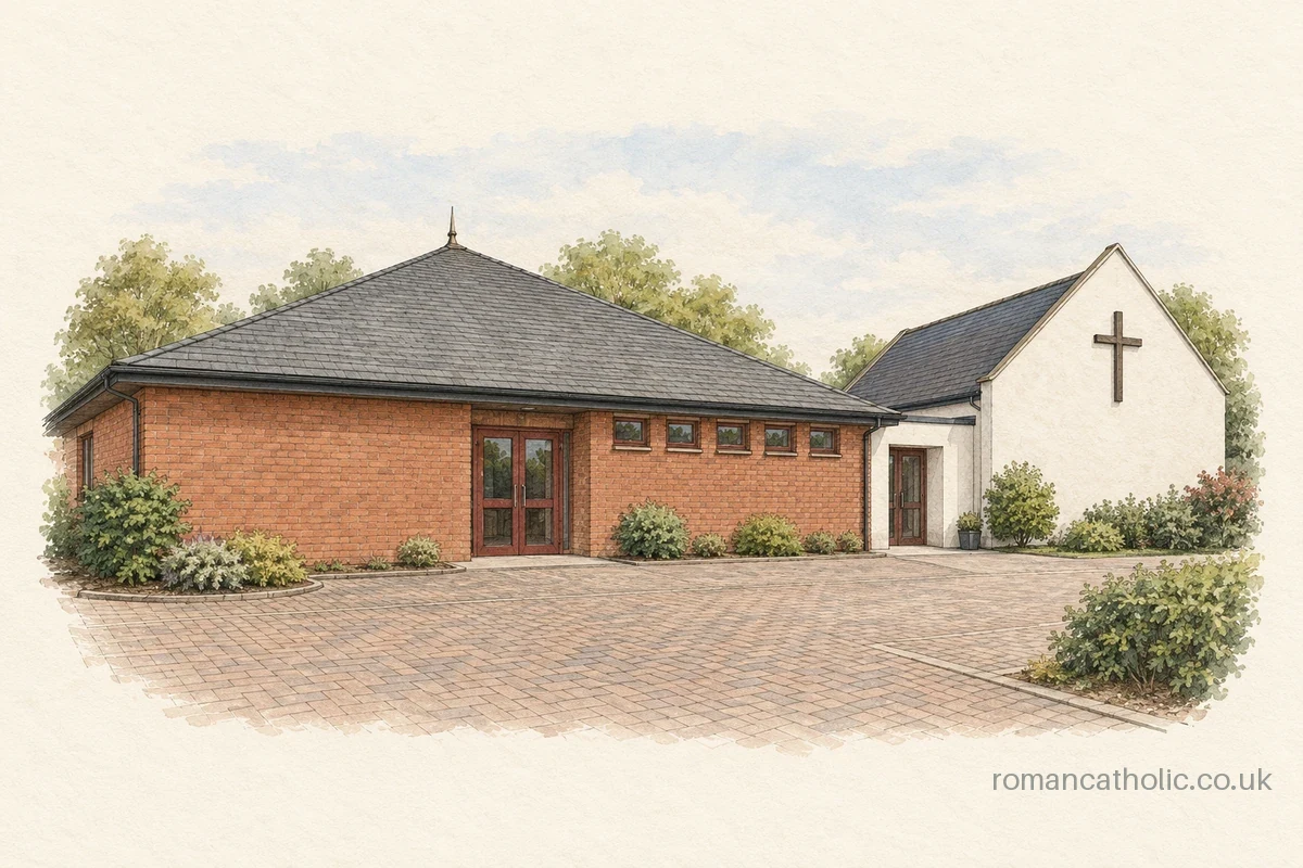 Illustration of Saint Bride in Monifieth, with its low red-brick church, hipped roof and neighbouring white hall bearing a cross.