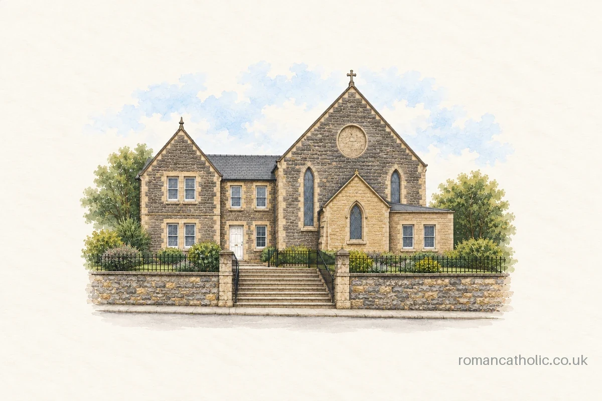 Illustration of St Brigid, Kilbirnie, with stone gables, lancet windows and a raised forecourt.