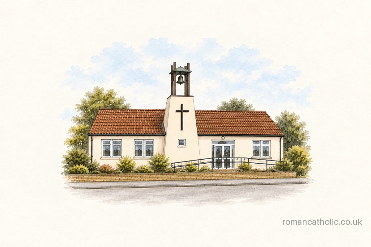 St Clare in Framlingham, with a tapered front projection and open timber bell frame.