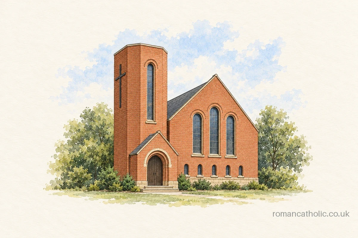 Illustration of Saint Columba in Dundee, a red-brick church with a tall flat-topped tower, wall cross and three tall arched windows.