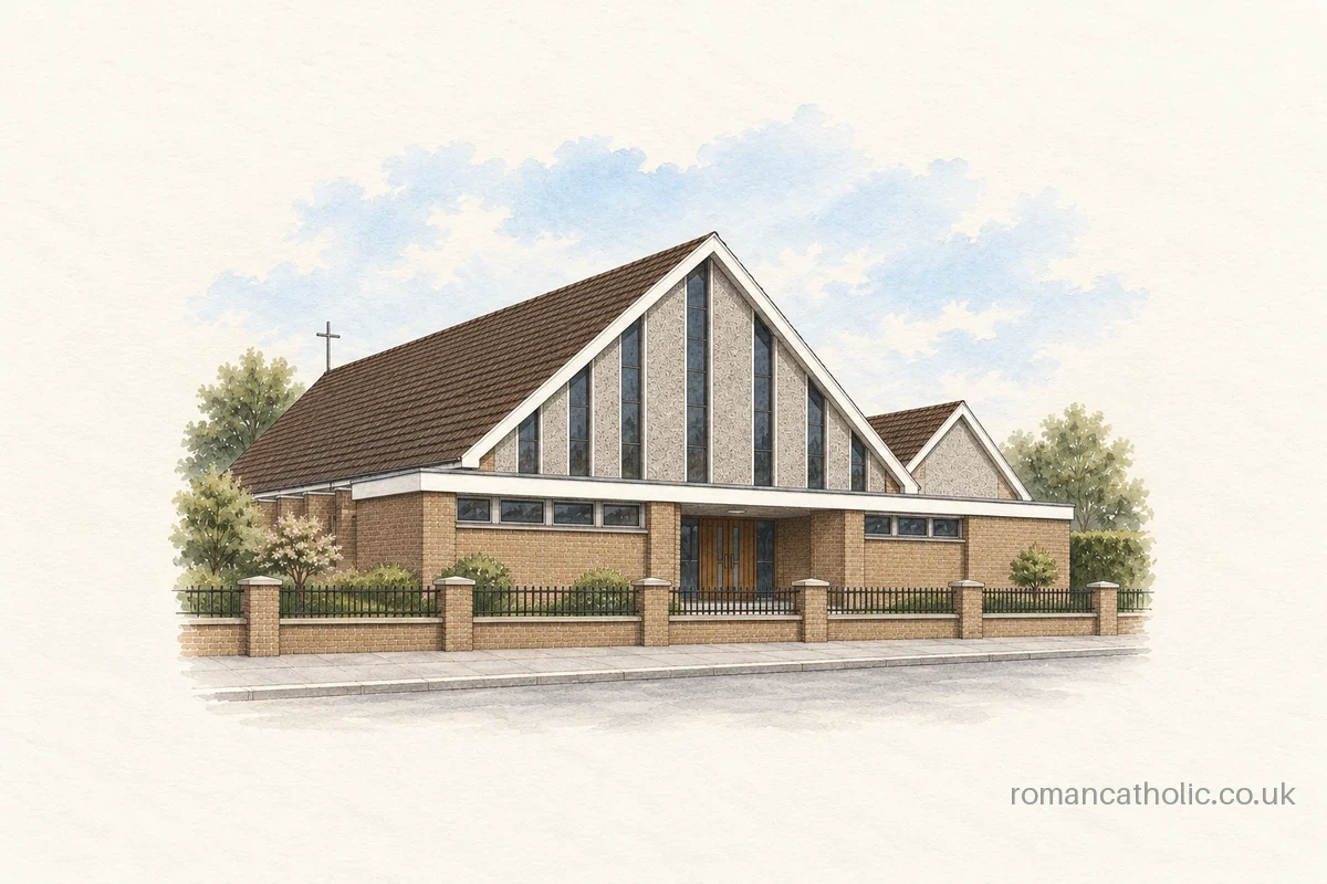 Illustration of Saint Dominic in Bishopbriggs, with brown brick walls, a broad tiled roof and tall narrow gable windows.