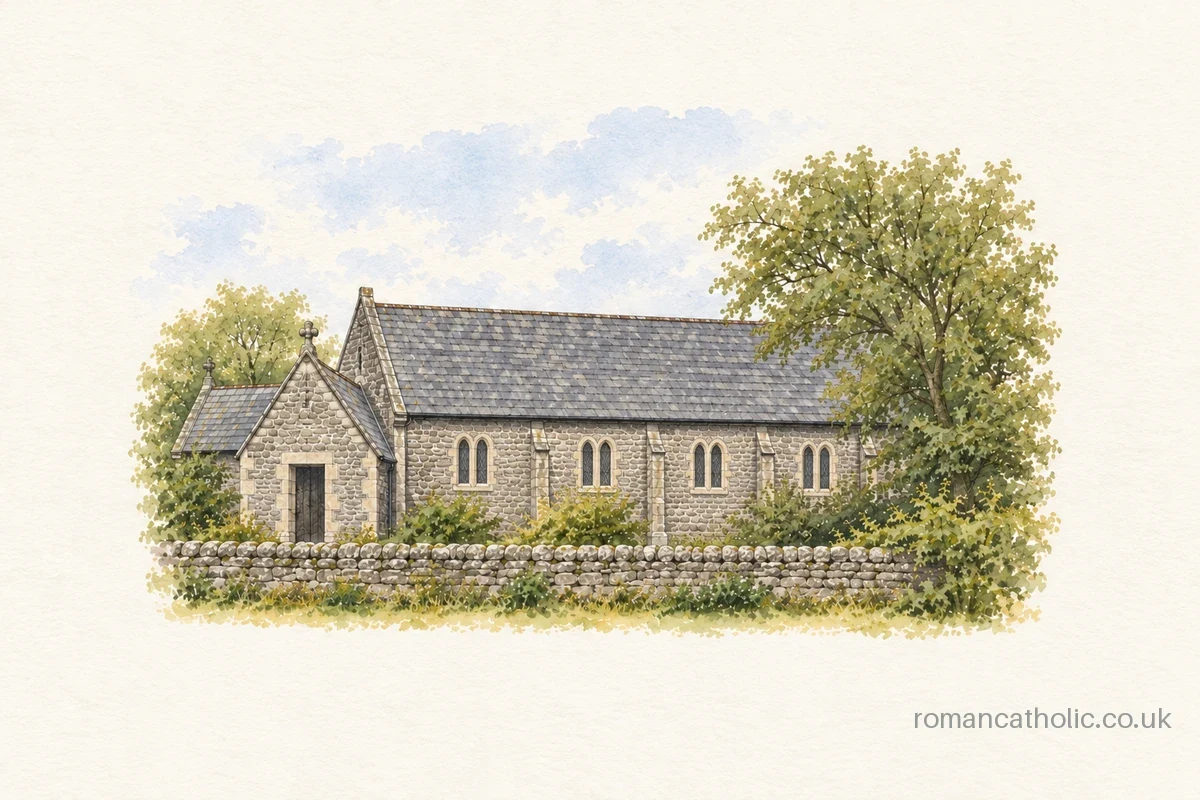 Illustration of St Duthac in Dornie, a grey stone church with paired lancets and a steep gabled porch.