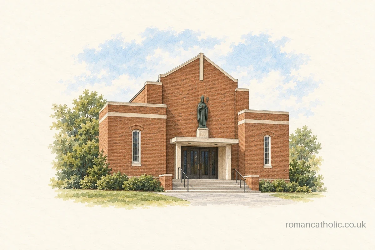 Brick facade and stepped entrance of St Erconwald in Walton-on-Thames.