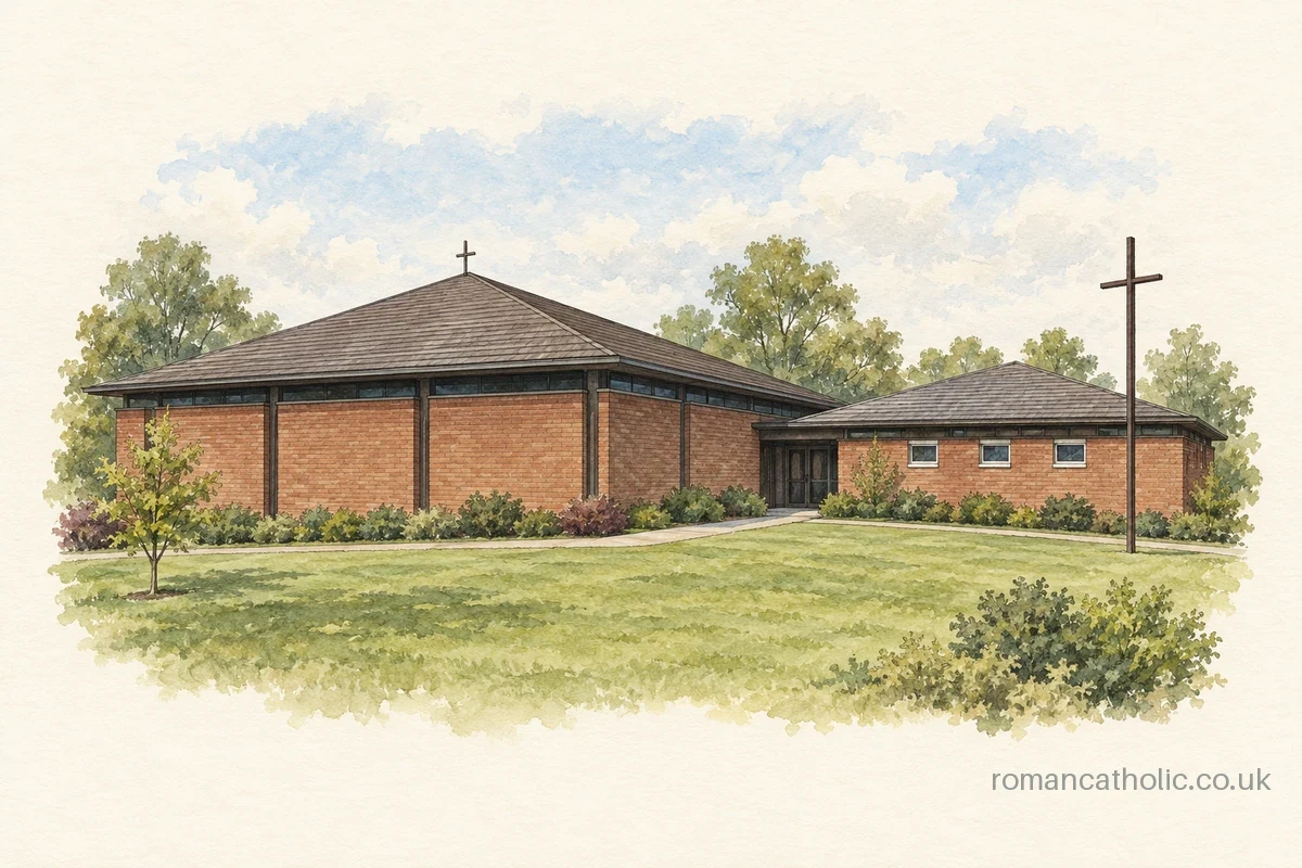 Illustration of Saint Fergus in Forfar, a low red-brick church with shallow dark roofs and a slender freestanding cross.