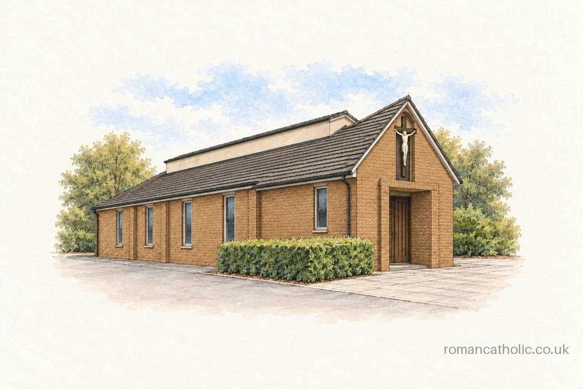 St Hugh in Borrowash, a low brick chapel with a crucifix above its entrance.