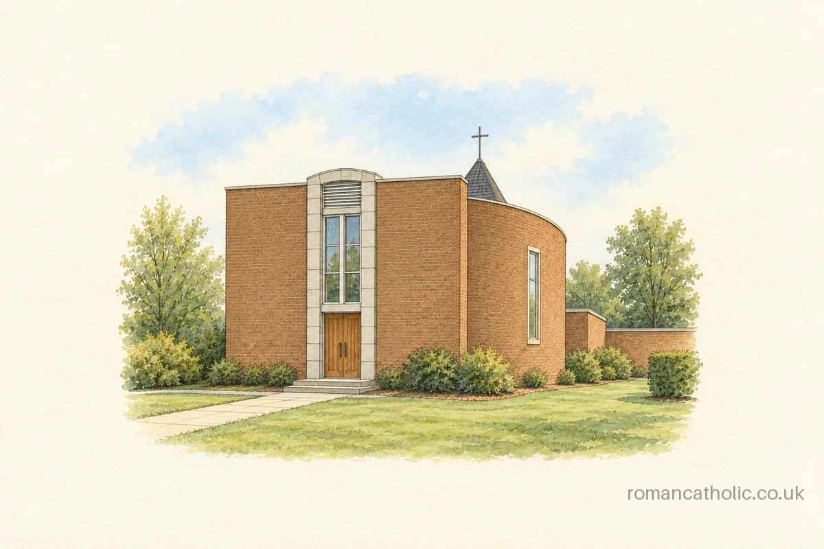 Illustration of Saint John of the Cross in Twechar, a brick church with a tall central window above timber doors.
