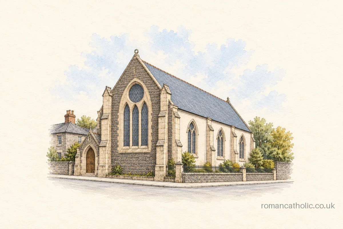 Illustration of St John the Baptist, Perth, with a tall stone gable and large pointed traceried window.
