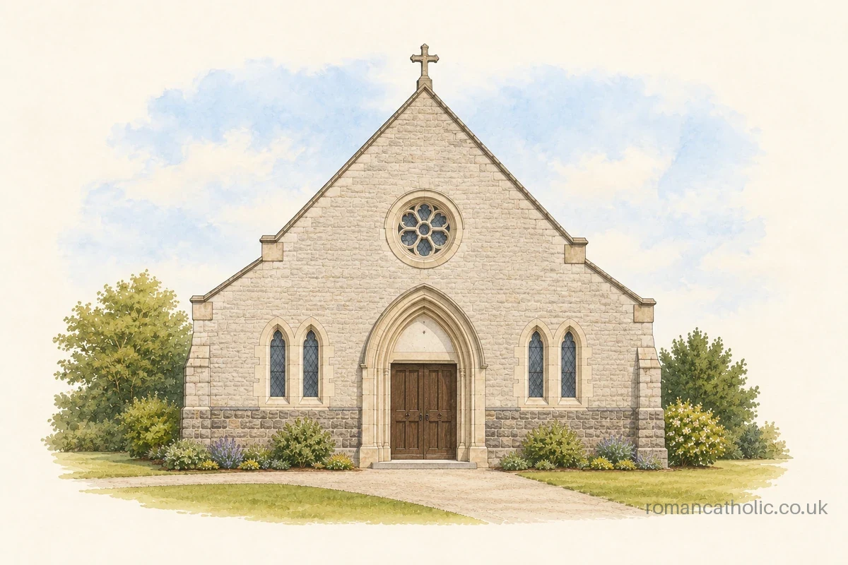 Illustration of Saint John Vianney in Alva, showing its simple stone gable, round upper window, arched doorway and apex cross.