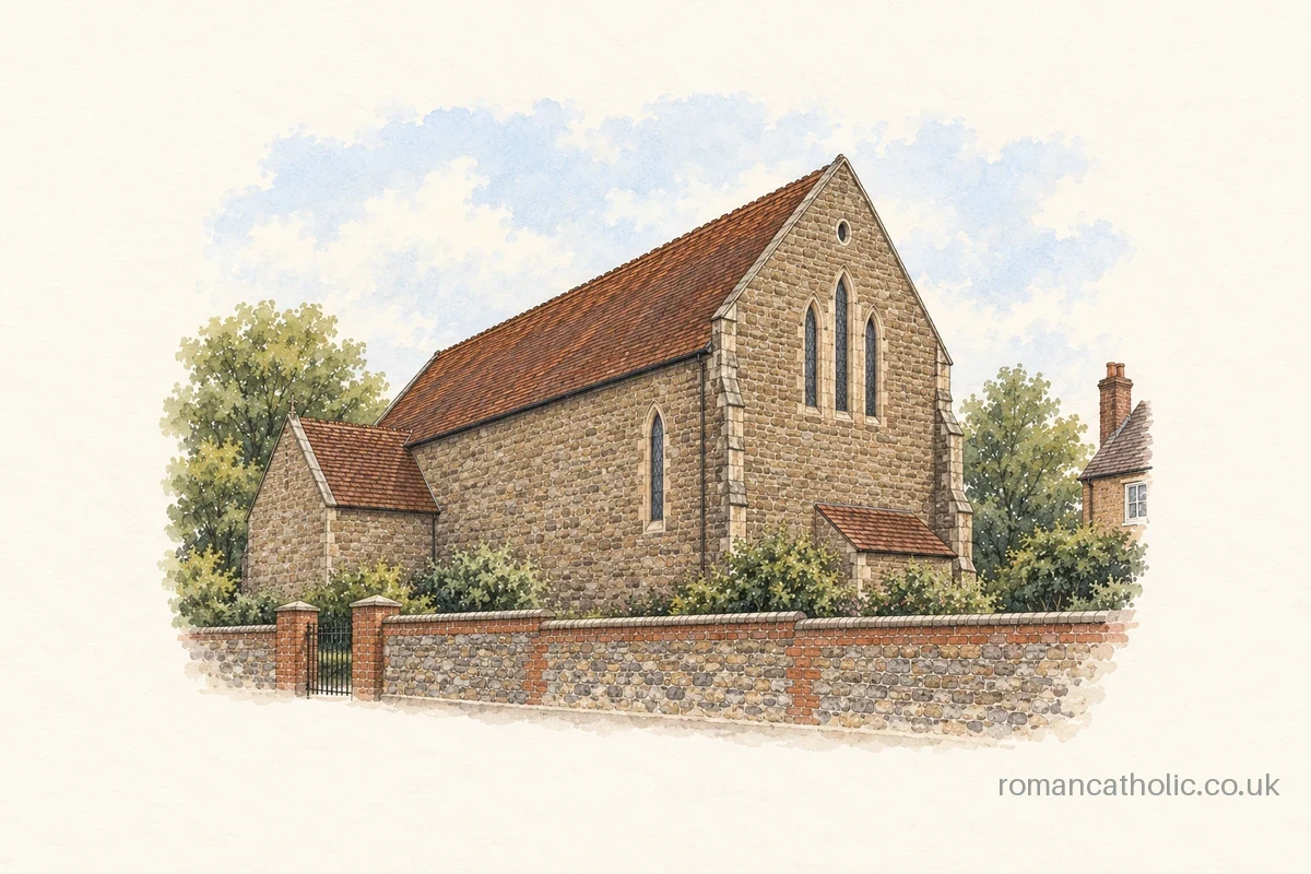 St Joseph in Dorking, with its tall stone gable and three lancet windows.